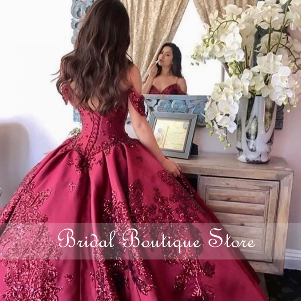 Burgundy Quinceanera Dresses Pocket Sequins Applique Off Shoulder Sweet 16 Dress Vestido De 15 Anos Ball Prom Gowns