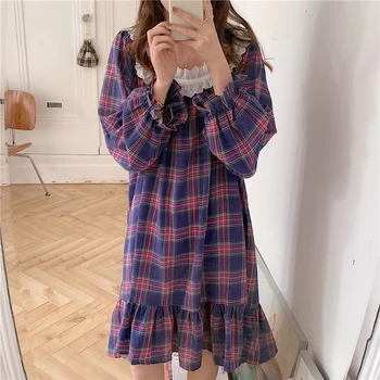 

Alien Kitty 2020 Plaid Gentle Nightdress Women Sweet Fashion Sleepwear Lace O-neck Soft Loose Pajamas Fresh Home Clothes