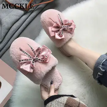 

MCCKLE Women Winter House Slippers Warm Furry Cute Bowtie Flat Fur Soft Home Shoes Woman Casual Ladies Bedroom Female Footwear