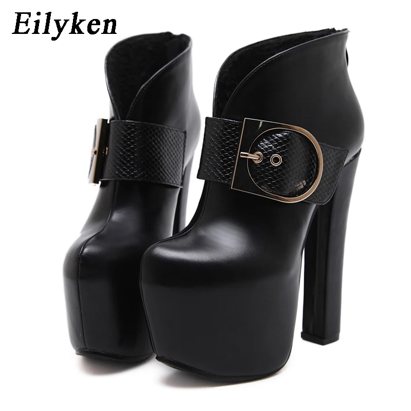 EilyKen/женские модные ботинки на очень высоком каблуке и платформе; ботинки на Высоком толстом каблуке с пряжкой и молнией; черные ботинки с круглым носком; сезон весна-осень