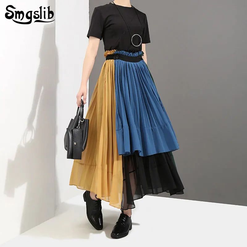 

2019 Fashion Tide New Spring Autumn skirt elegant causal high waist green hit color pleated lrreglar patchwork haf-body skirts