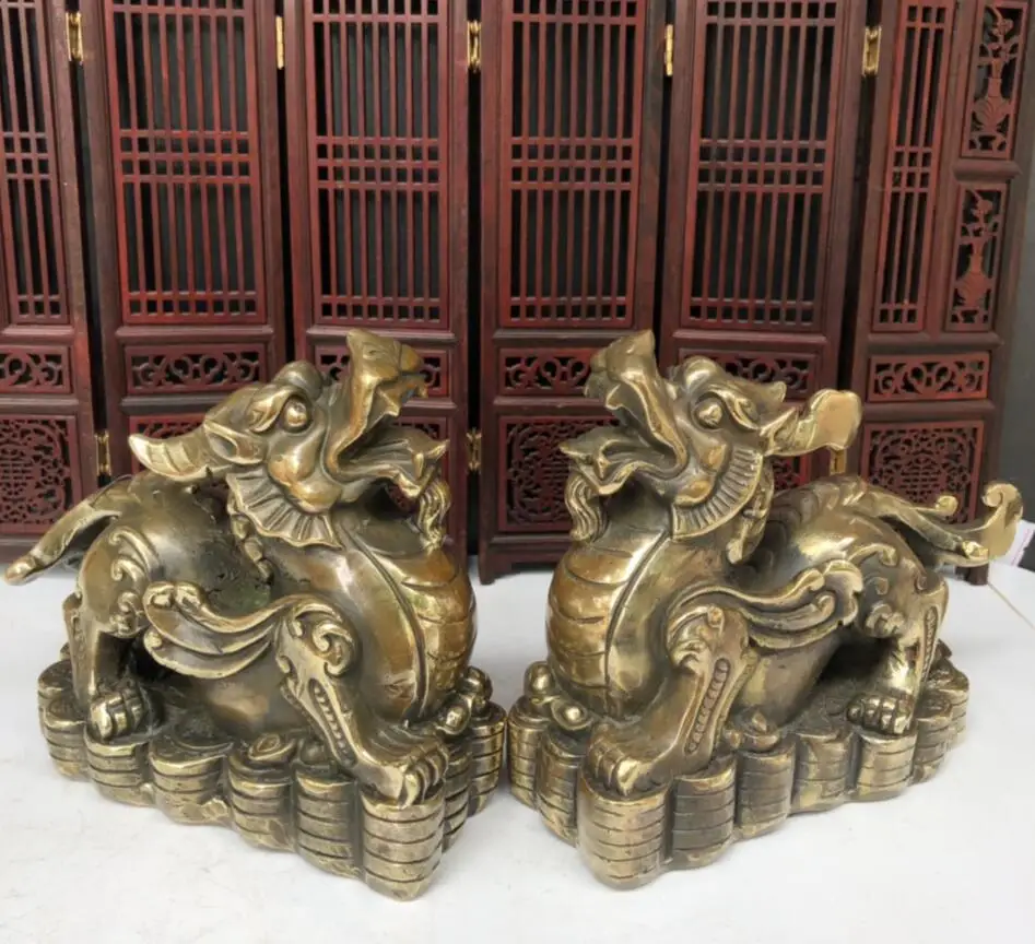 

Archaize Brass Recruit Wealth Feng Shui Mythical Wild Animal Home Decoration Crafts Statue A Pair