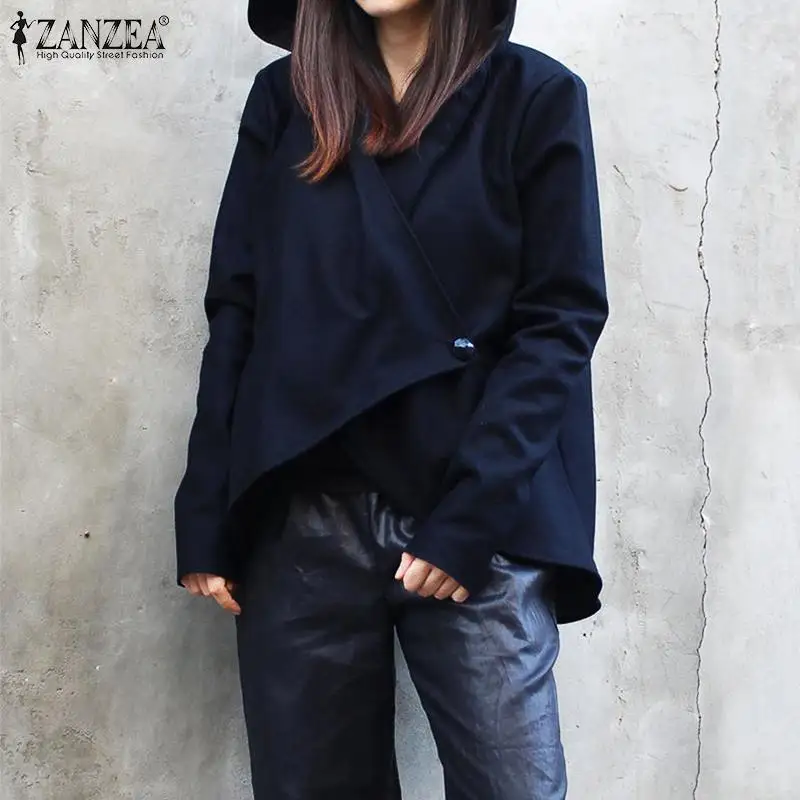 

Irregular Sweatshirts Women's Jackets ZANZEA Autumn Casual Hooded Double Breasted Outwear Fashion Lapel Coat Female Overcoat 5XL