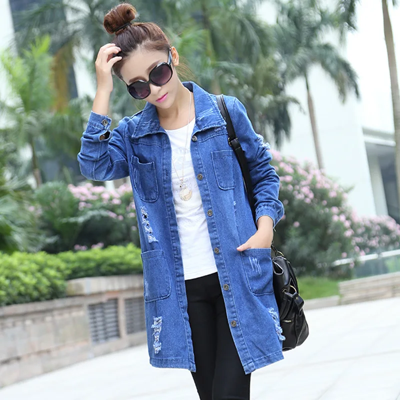 

2019 Autumn New Style with Holes Large Size Mid-length Jeans Coat Women's Korean-style Long Sleeve Loose-Fit Denim Top