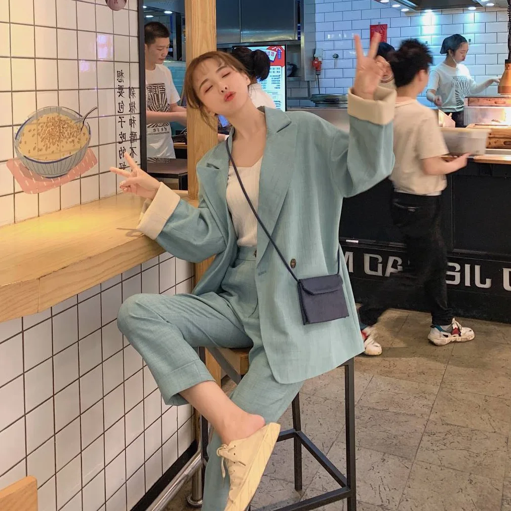 

Photo Shoot Hipster Literature And Art Mid-length Loose-Fit Mixed Colors Cuff Suit Women's High-waisted Casual Straight-leg Pant