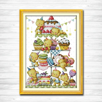 

Sweet little bear cake decor painting counted print on canvas DMC 11CT 14CT Chinese Cross Stitch kits embroidery needlework Sets