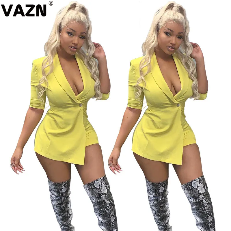 VAZN, летний, желтый, свежий, прозрачный, для снижения возраста, сексуальный, открытый, глубокий v-образный вырез, половина рукава, высокая талия, для женщин, обтягивающий комбинезон