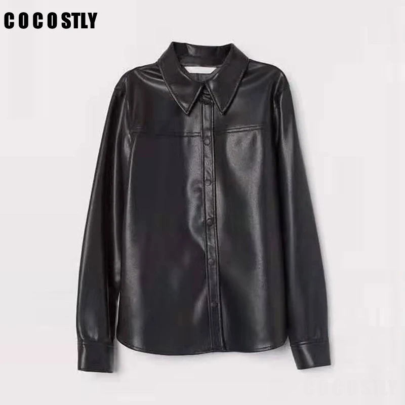  2020 New Spring PU Leather Blouses Women Fashion Temperament Business Shirts Women Elegant Long Sle