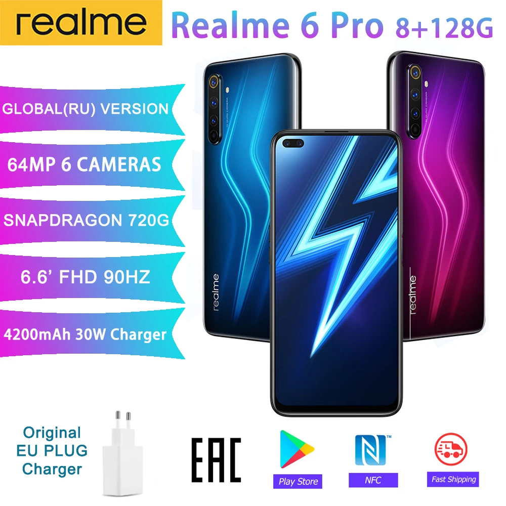 

Realme 6 Pro Mobile Phone 6.6inch 90Hz 64MP Cam unlock phone 8GB RAM 128GB ROM Snapdragon 720G Smartphone 90Hz Display Cellphone