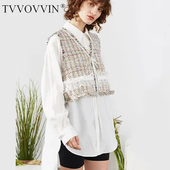

China Women White Tweed Plaid Two Piece Blouse New Lapel Long Sleeve Loose Fit Shirt Fashion Tide Spring Autumn 2020 1S092