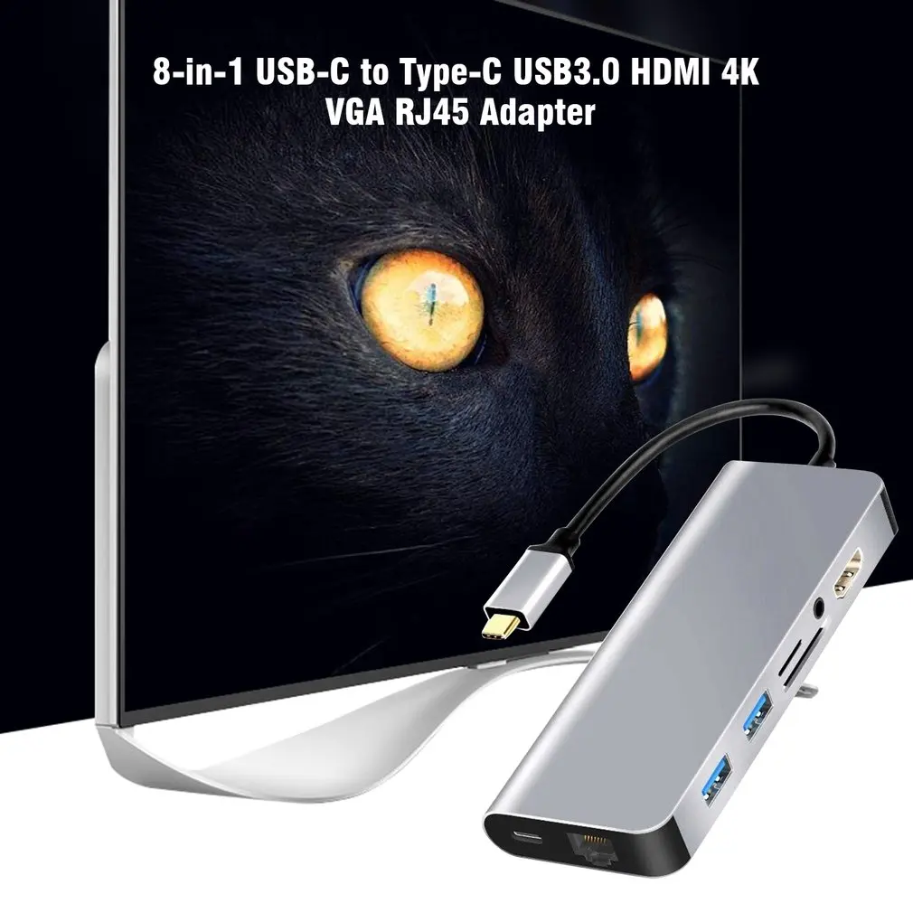 8 в 1 USB-C-type-C USB3.0 HDMI 4K VGA RJ45 адаптер концентратор Многофункциональный Док-станция серый для Mackbook адаптер