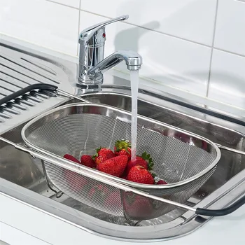 

Retractable Drain Basket Rubber Grip Handles Stainless Steel Oval Colander Sink Vegetables Draining Rack Drain washing basket