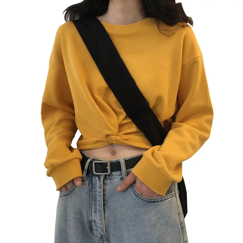 Long Sleeve Autumn Tops For Women 2020 Solid O-Neck Cotton Tops Tie Casual Fashion Short Woman T-shirts Two Colors