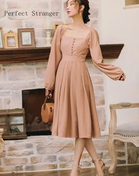Женское платье с длинным рукавом однотонное длинное в стиле ретро весна 2020|dress long
