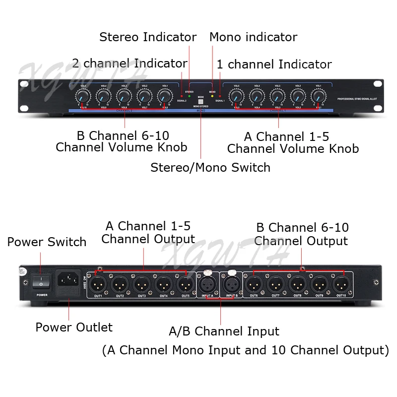 Stereo Mono Audio Signal Distributor 2 in 10 Out XLR Splitter Amplifier Stage Equipment DJ Conference Multi-amp Distribution