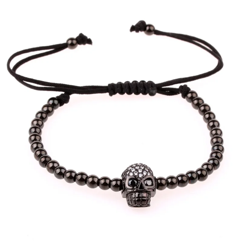 Simple design Gold Stainless Steel Beads CZ Pave Skull Charm Macrame Bracelet Men Women - Image 3