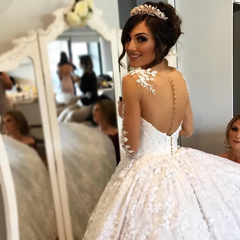 Великолепные свадебные платья в стиле Country Воротник Sheer Jewel кружево 3D платье с цветочной аппликацией, Масло Fly Boho Свадебное платье с топом в форме сердца и длинным рукавом, платье