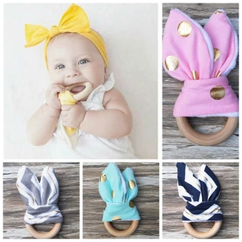 

Cute Cartoon Baby Ring Teether Natural Wood Circle with Fabric Wooden Teethers Teething Training Sensory Newborns Toys