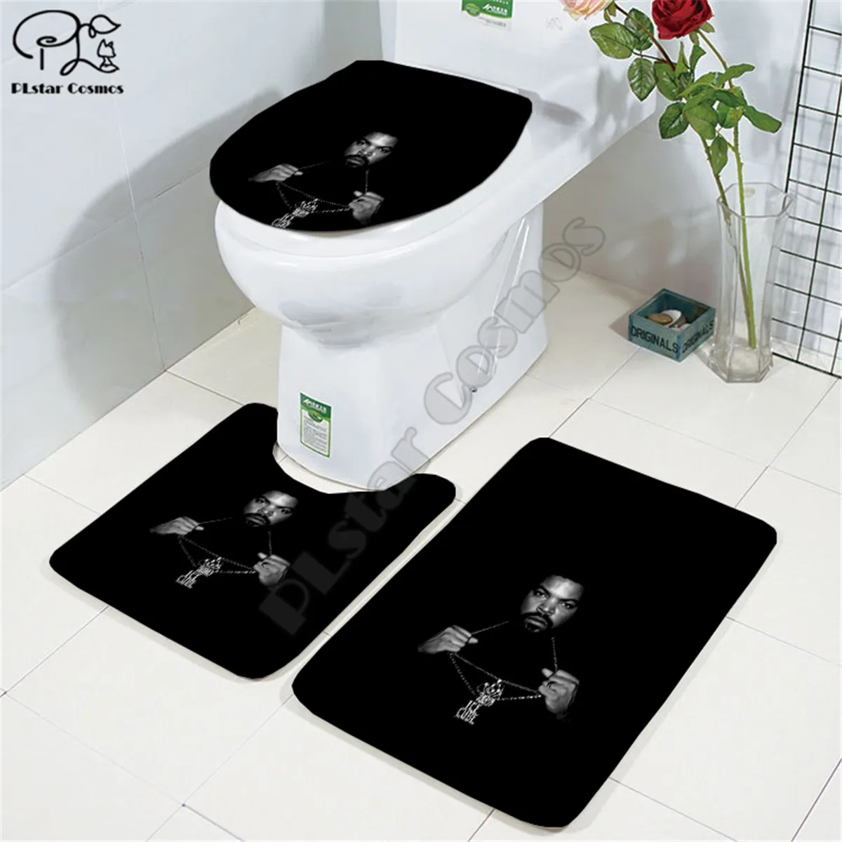

2Pac Character pattern Stitch 3D printed Bathroom Pedestal Rug Lid Toilet Cover Bath Mat Set drop shipping style-3