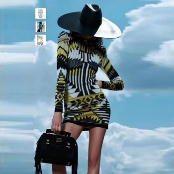 

2019 New Jacquard Army Green Patcwhork Long Seeve Winter Bandage Dress Zipper Elegant Women Mini Club Vestidos Wholesale