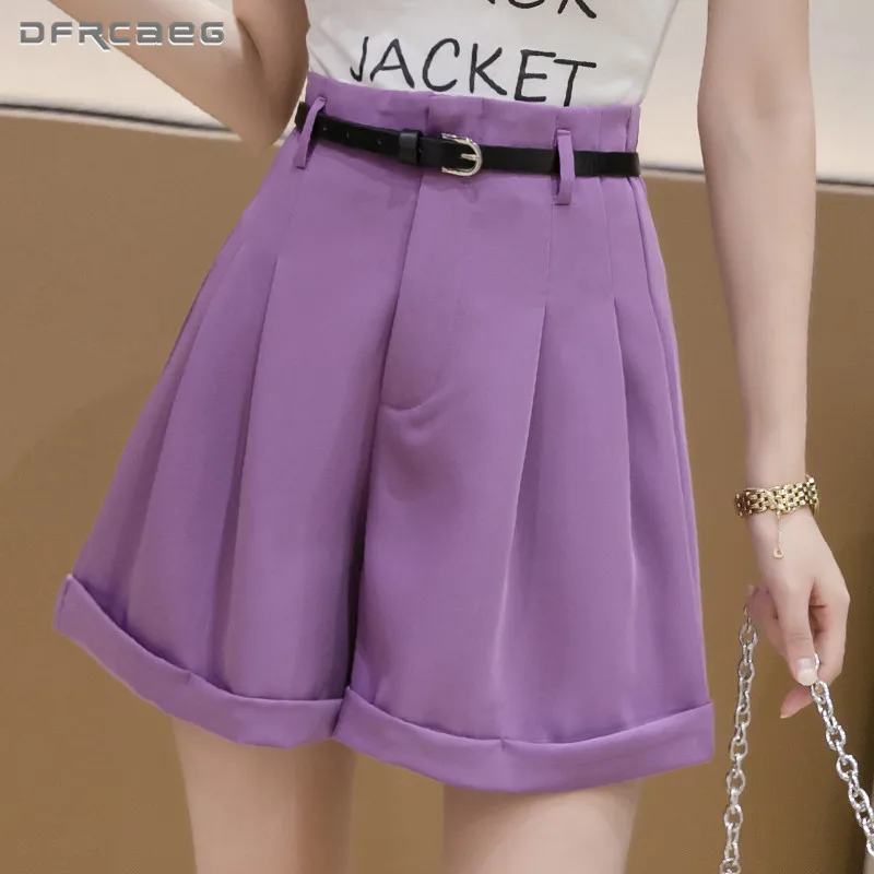 Free Belt High Waist Loose Bermuda Women Shorts Summer 2020 Fashion Office Work Suits Short Capris Trousers Female Purple White Free Belt High Waist Loose Bermuda Women Shorts Summer 2020 Fashion Office Work Suits Short Capris Trousers Female Purple White