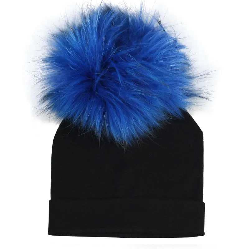 Мягкие теплые хлопковые шапочки Skullies Beanies для новорожденных мальчиков, Детские хлопковые шапочки с помпоном из натурального меха для девочек - Цвет: Black Royal Blue