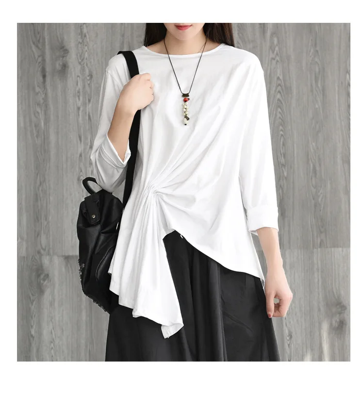 Original Retro Spring Autumn Cotton Women'S T-Shirt Irregular Casual Pullover Tie Pleated Tops Ladies O Neck T-shirt