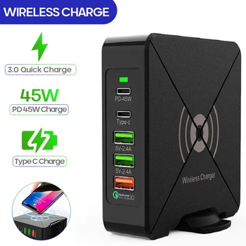 

PD 45W Type C Wireless Charger Charging Station Hub Mobile Phone Desktop Smart 5 Port USB Wall Charger For Xiaomi iPhone