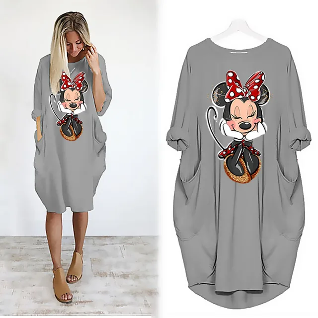 Disney Plus Size Midi Dress Long Sleeve Robe Casual Minnie Mickey Mouse Print Beach Loose Dresses Kawaii Sundress Women Clothing D002H1695 Gray
