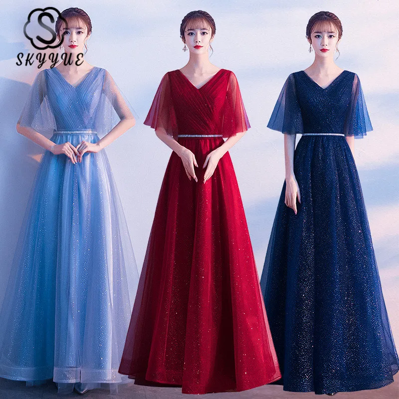 

Skyyue Evening Dresses Sky Blue Crepe Formal Party Gown K197 Lace Up Elegant Robe De Soiree Half Sleeve V-Neck Women Prom Gowns