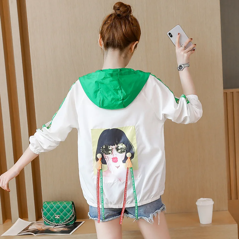 

New Style Korean-style Mixed Colors Printed Loose-Fit Ultra-Thin Baseball Uniform Versatile Cropped Jacket Hooded Coat Women's