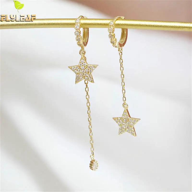 

Flyleaf Asymmetry Star Cubic Zirconia Earings Fashion Jewelry Fine Gold Drop Earrings For Women Real 925 Sterling Silver Luxury