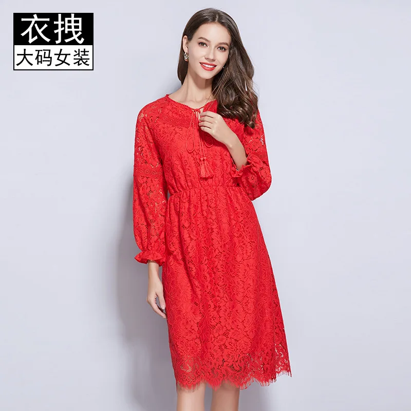 

New Style Loose-Fit Dress Europe And America Large Size Dress Elastic Waist Red Skirt 200