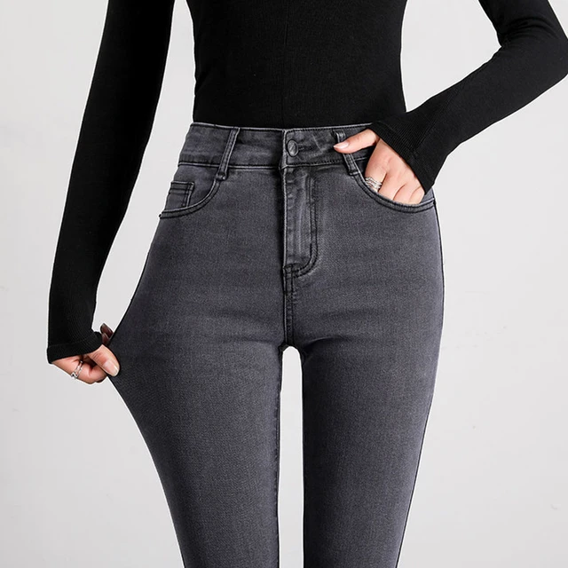 Pantalones vaqueros ajustados para mujer, jeans elásticos de cintura alta,  26-32 talla grande, vintage, primavera y otoño - AliExpress
