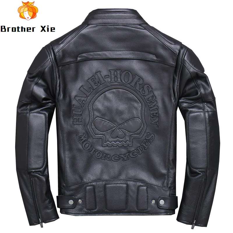 

Men's Genuine Cowhide Leather Jacket for Motorcycle Biker Black Skull Letter Reflective Slim Real Leather Jacket Male R3259