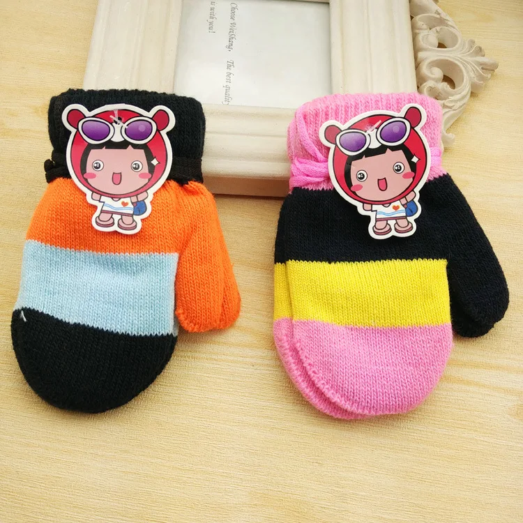 

K305 Wide Stripe Double Layer Thick Children Baby's Bag Finger Gloves with Lanyard Winter Warm Korean-style