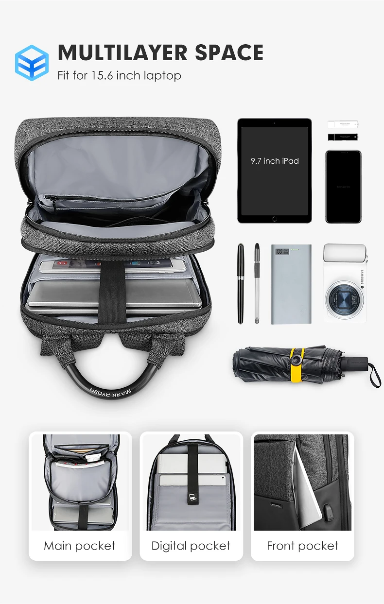 Mark Ryden мужской рюкзак большой емкости подростковый мужской рюкзак Mochila с защитой от воровства сумка с usb зарядкой 15," рюкзак для ноутбука водонепроницаемый