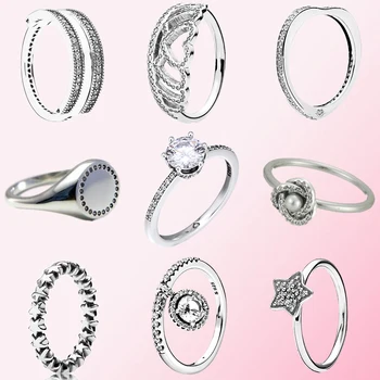 

100% 925 Silver 1:1 Love Signet Luminous Knot Stacking Hearts Tiara Dangling Clear Round Star Crown Reversible Hearts Of Ring