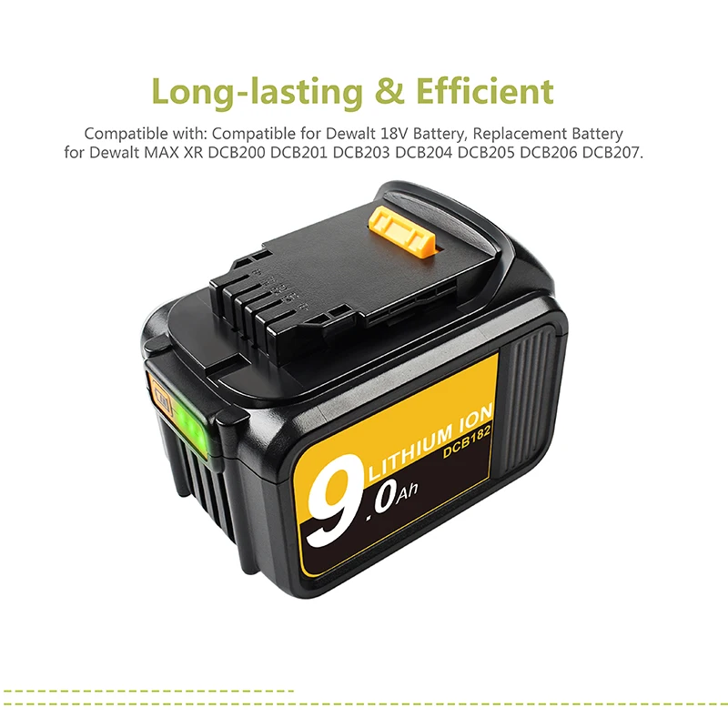 Powtree 9000mAh 18V Rechargeable Battery for DeWalt DCB181 DCB182 DCB200 DCB205 DCB204 DCB206 Power Tools Battery 18 V