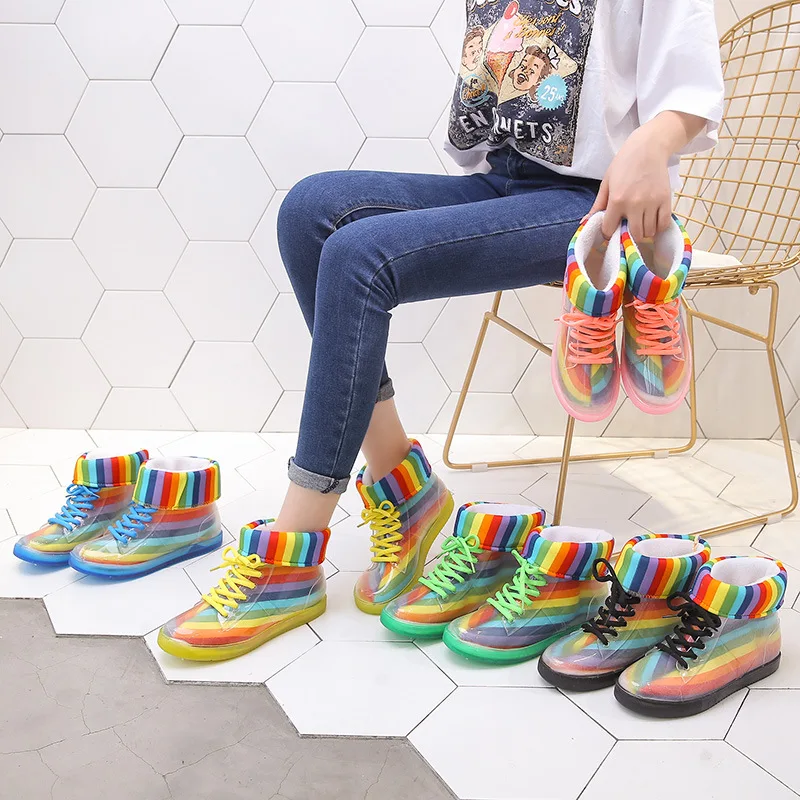 

Ankle Rain Boots Women Removable Cover Platform Lace Up PU Waterproof Motorcycle Colorful Ankle Mature Boots Woman jelly Shoes