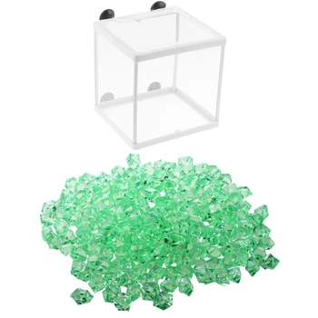 

150x Clear Green Faux Crystal Stones Ornament with Fish Tank Plastic Frame White Net Fry Hatchery Breeder W Suction Cups