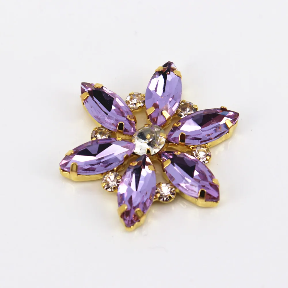 

3.5x3.5cm 1 pcs Gold Base Clear purple Crystal Sewing On Flower Rhinestone Applique DIY Wedding Evening Dress for women