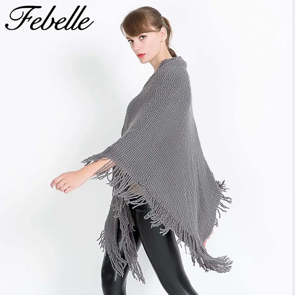 Febelle/женское зимнее кашемировое пончо с открытым шаль-пончо, женская теплая однотонная накидка с рогом, свитер с пряжкой