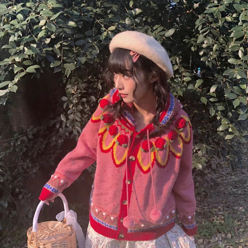 Japanese Hooded Sweater Cardigan New Year Pink Red Fur Ball Ugly Xmas Sweaters Female Hand Knitting Shrugs for Women Knitwear