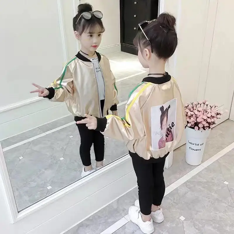 discount  Kids Sport Leather Jacket Fall Girls Hoodies Coat Reflective Silver Long Sleeve Outerwear Polyester
