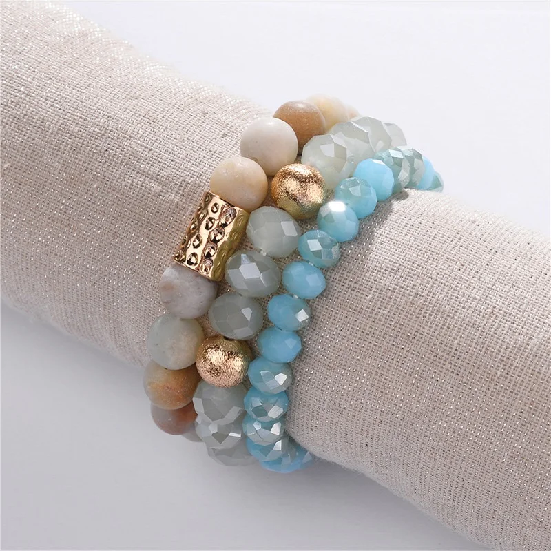 

3 Pcs/Set Natural Stone Beads Adjustable Bracelet Amazonite Faceted Crystal Stone String Elastic Thread Bracelet