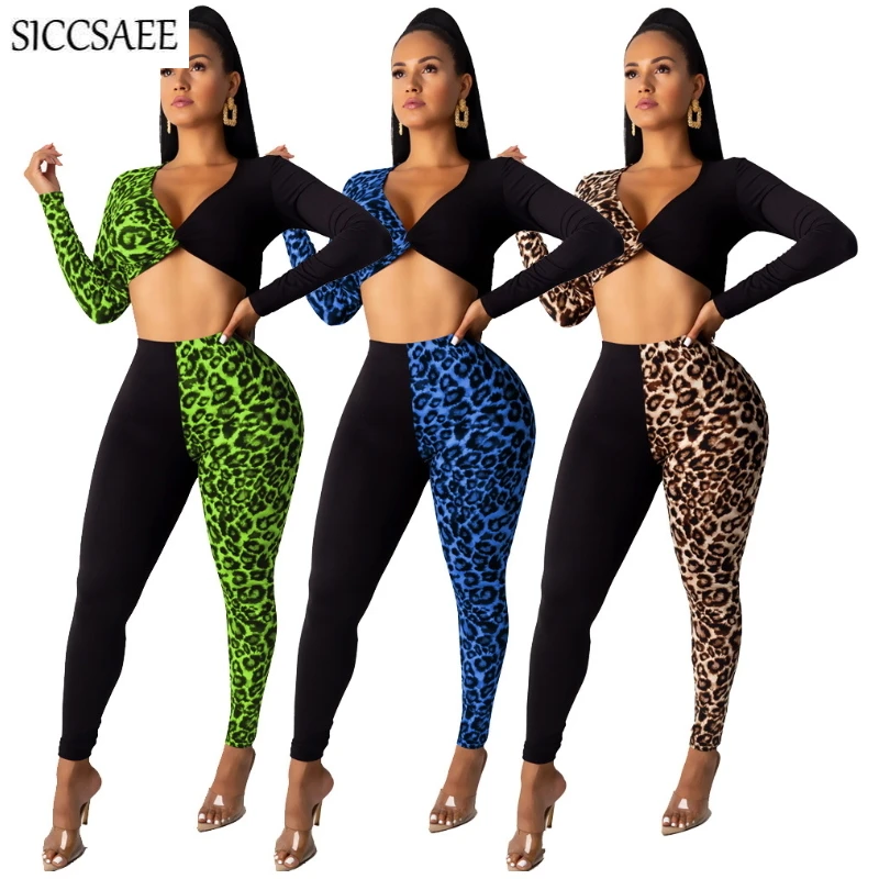 

Leopard Printed Patchwork 2 Piece Set Women Sexy Casual Bandage Outfits Cropped Crop Top And Pants Sweat Suit Bodycon Bodysuit