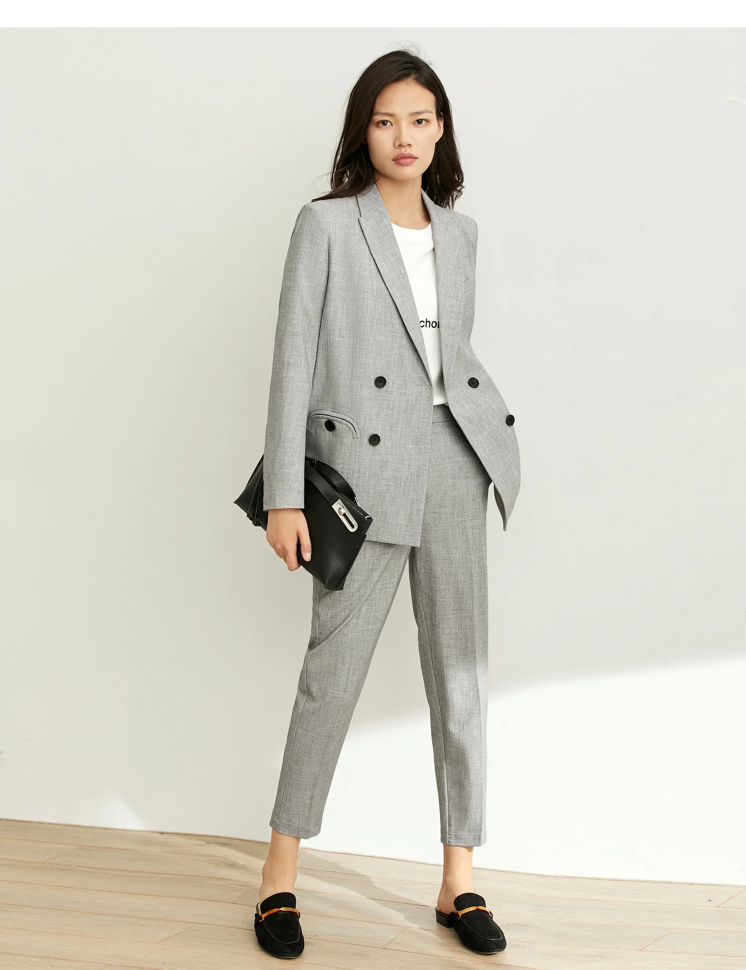 Amii's минимальный и умелый коммутационный модный костюм девять штанов для женщин осень двубортный серый Модный костюм