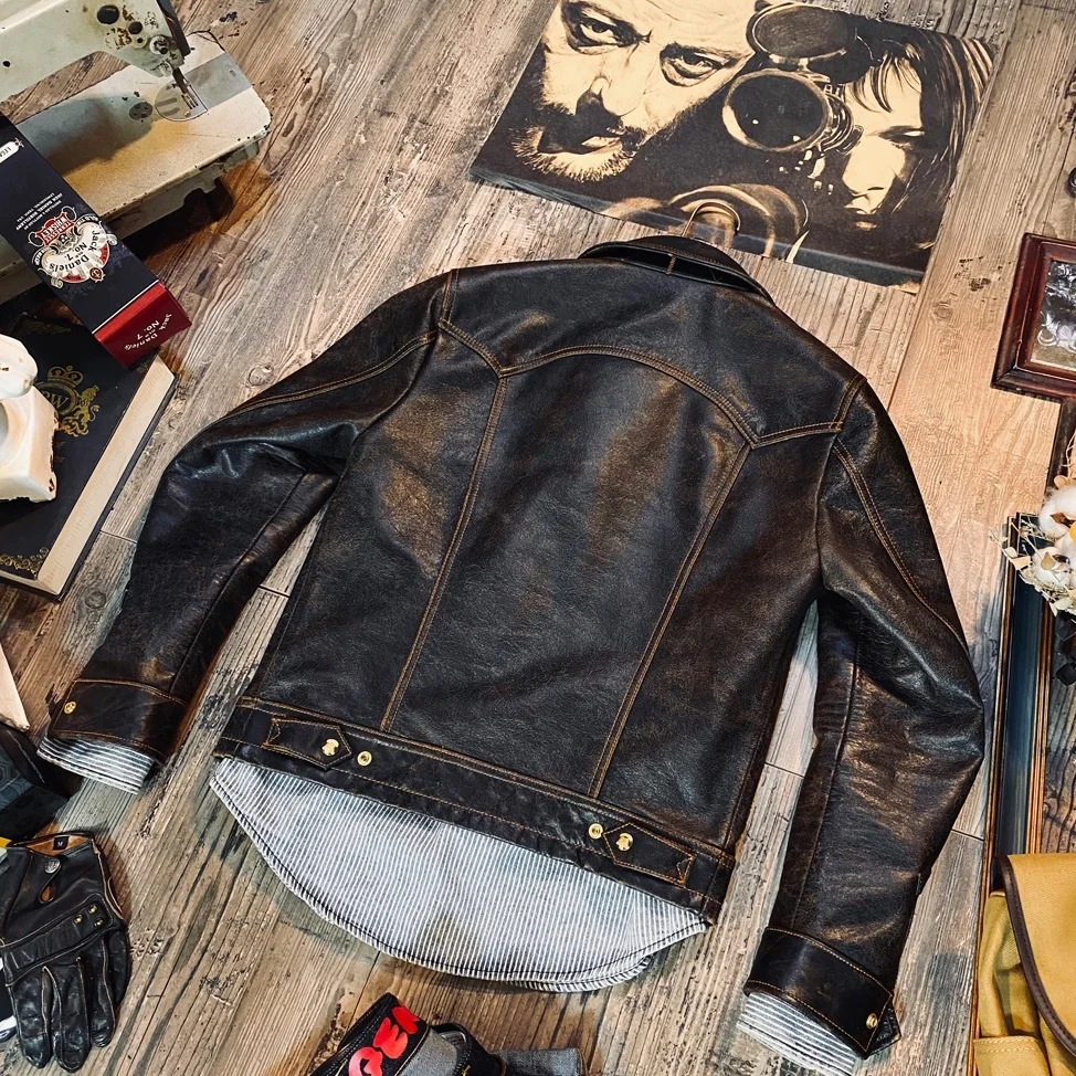 Free shipping.Brand new.Popular men Classic casual Denim 507 style leather coat.Vintage Indigo slim cowhide jacket.fashion long sheepskin coat