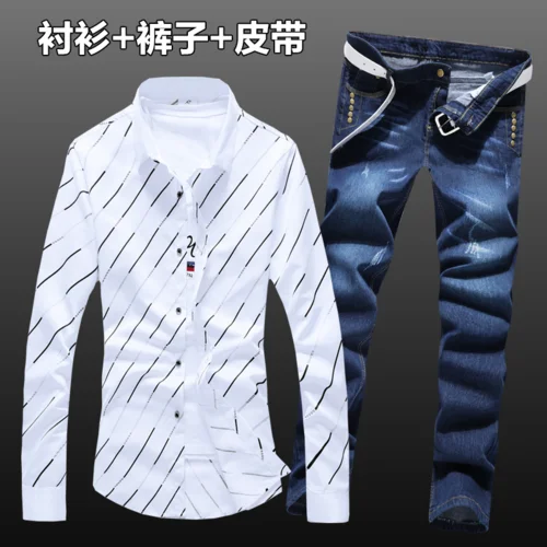Весенне-осенняя мужская хлопковая рубашка с длинными рукавами, длинные брюки, комплект из 2 предметов, повседневная одежда, топ, рубашки, джинсы, штаны для мужчин E36 - Color: 12